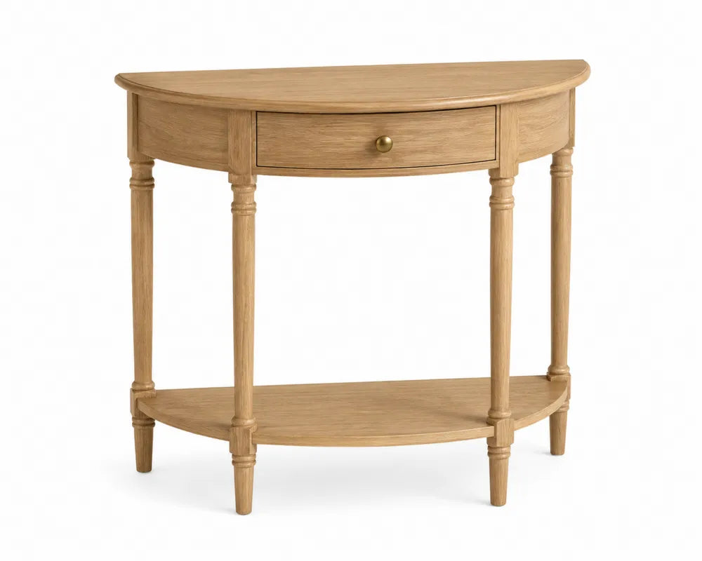 Mesa consola semicircular con cajón y estante en madera acabado roble claro con tirador metálico dorado 90 x 35 x 80 cm