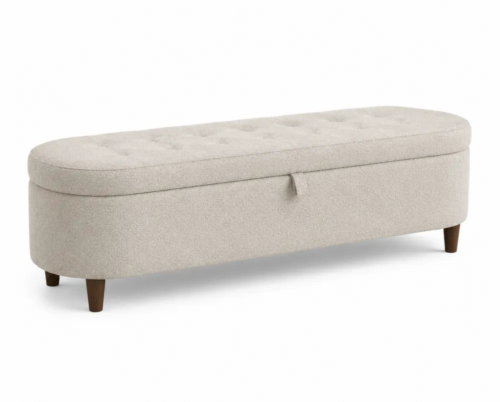 Banco de dormitorio rectangular con almacenaje tapizado en bouclé beige MDF patas de madera maciza 120 x 40 x 46 cm