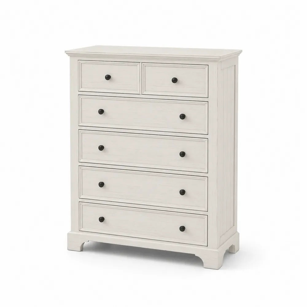 Chifonier de dormitorio rectangular con 6 cajones MDF melamina blanco lavado tiradores negros 80 x 40 x 100 cm