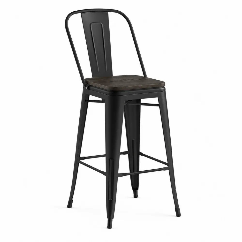 Taburete de bar fijo con respaldo de metal y asiento de madera estructura de acero negro y madera nogal 43 cm x 45 cm x 112 cm