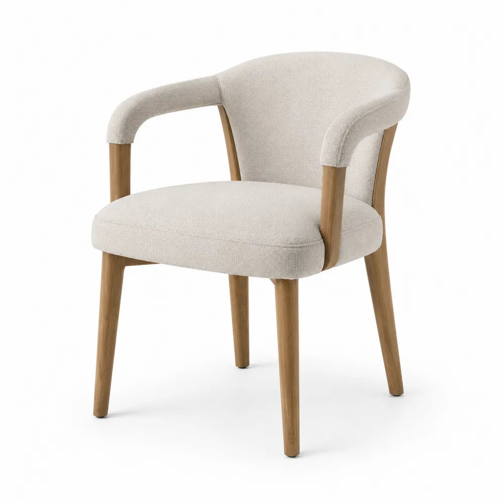 Silla de comedor con reposabrazos tapizada en tejido beige con estructura de madera natural 56 x 58 x 78 cm