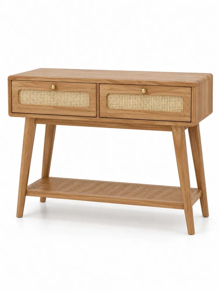 Mesa consola rectangular con 2 cajones y estante inferior en madera acabado roble claro con tiradores dorados 100 x 35 x 80 cm