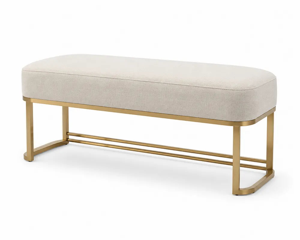 Banco de dormitorio rectangular tapizado en tejido beige con patas de metal dorado 120 x 40 x 46 cm