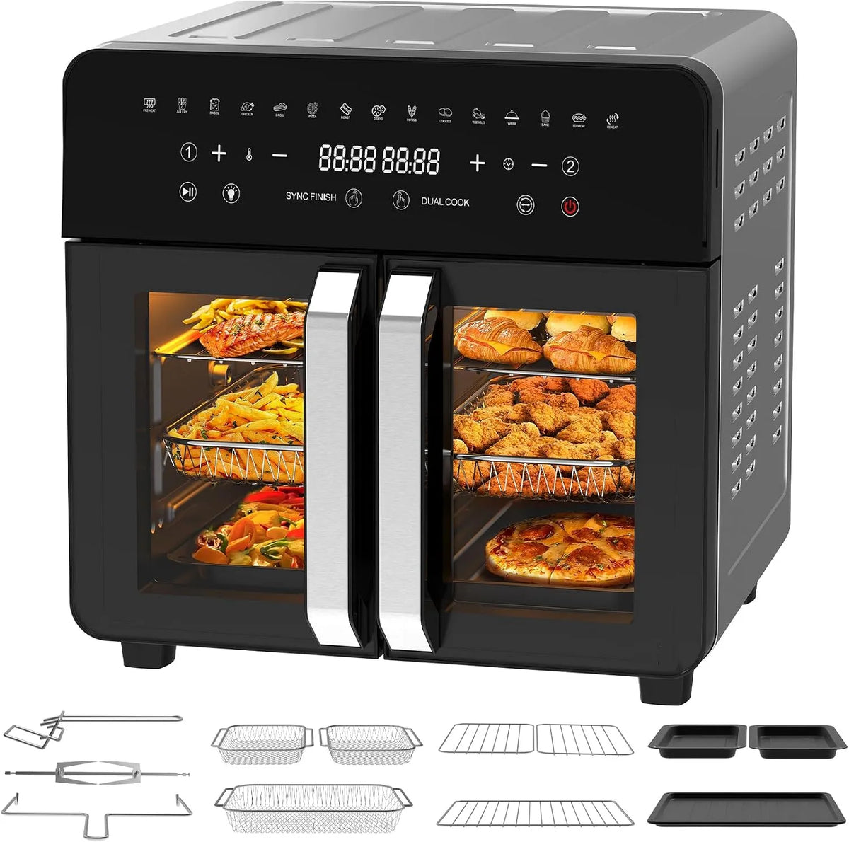 Airfryer, 15 programma's, heteluchtfunctie, Heteluchtfriteuse Dual Zone 23L, XXL met uitneembare scheider, heteluchtfriteuse met French Door
