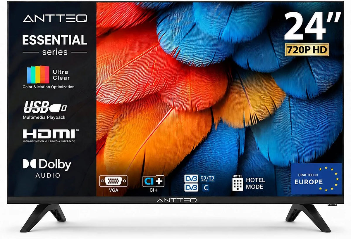 AE24H5-Q1 DVB-C/T2/S2 IPL-ontharingsapparaat, 24 Inch, Antteq TV 24 Inch HD LED, Triple Tuner, Hotel Modus, Dolby Audio, USB-Media Player