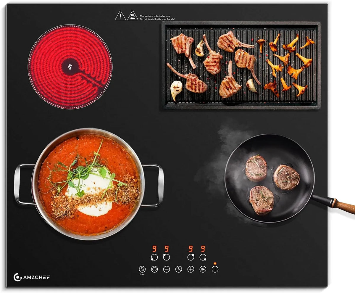 Keramische kookplaat, 7200 W, 60 cm, grillfunctie, AMZCHEF Glas-, kookplaat 4 kookplaten 60 cm, dual-/ovale zones voor grillen