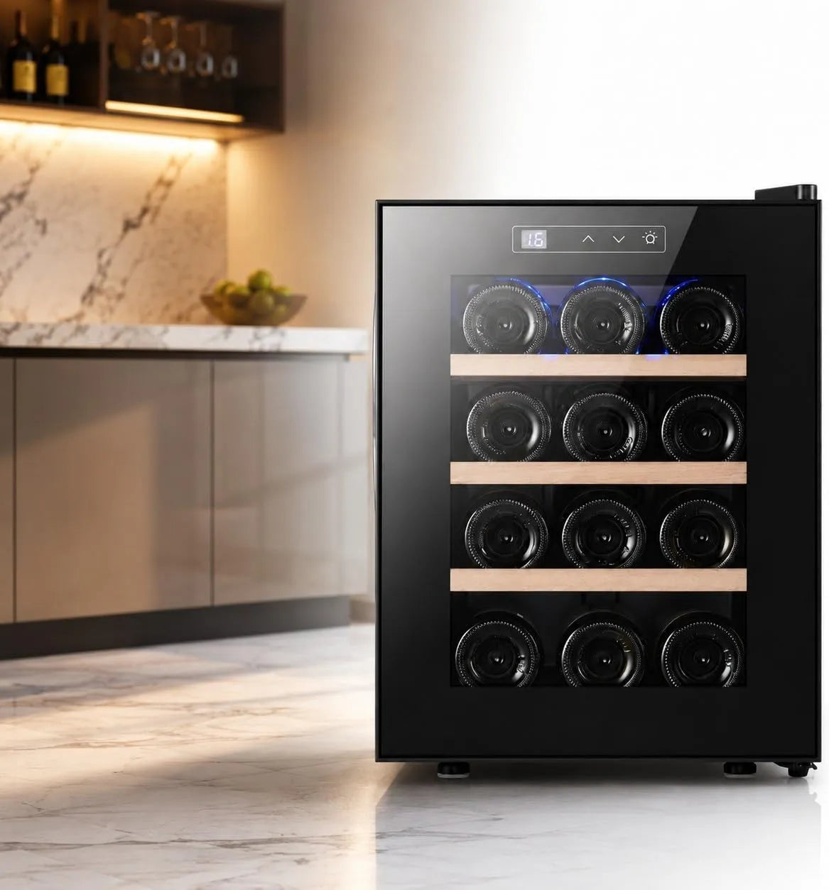 Wijnkoelkast, digitaal display, met 12 flessen en LED-display, temperatuurregeling voor wijnflessen achter een glazen deur