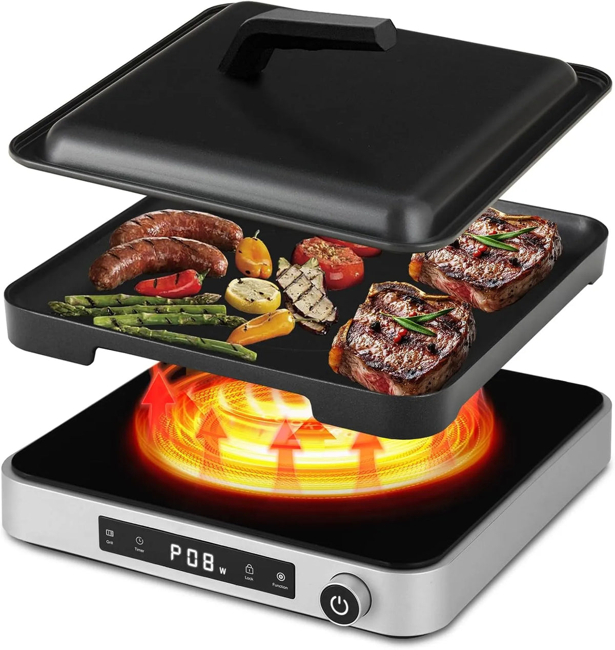 Inductiekookplaat, 2000 W, 5 standen, Cooktron met grillplaat en afdekhoes, enkele plaat, + elektrische grill