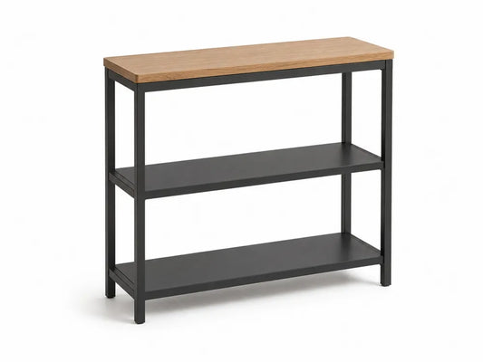 Mesa consola de salón con 2 estantes madera efecto roble y estructura de acero negro 100 x 30 x 80 cm