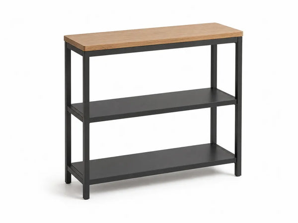 Mesa consola de salón con 2 estantes madera efecto roble y estructura de acero negro 100 x 30 x 80 cm