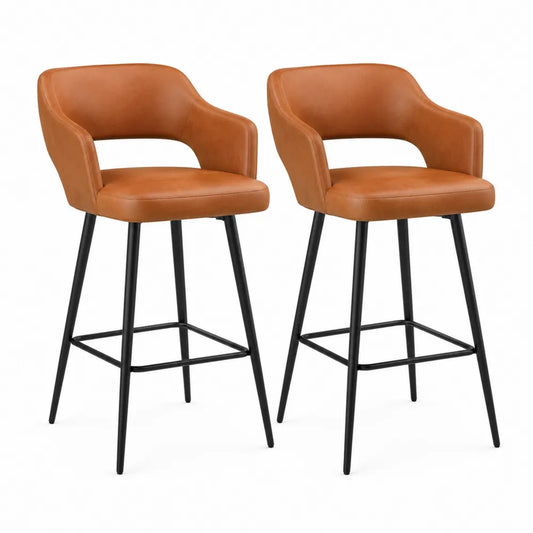 Pack de 2 taburetes de bar con reposabrazos tapizados en piel sintética marrón estructura de acero negro 55 x 55 x 96 cm