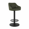 Taburete de bar regulable con respaldo y brazos tapizado en PU verde oliva estructura de acero negro base circular con reposapiés 56 cm x 55 cm x 101 cm