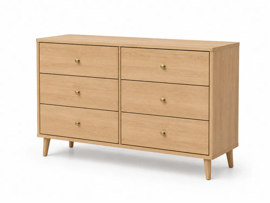 Cómoda de dormitorio rectangular con 6 cajones tablero de partículas melaminado roble claro tiradores dorados 120 x 40 x 80 cm