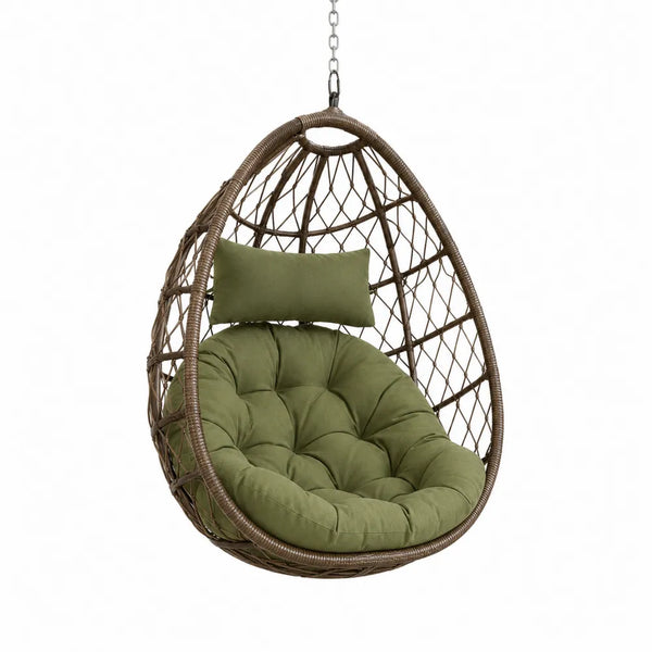 Silla colgante tipo huevo para exterior de ratán PE con cojín verde oliva estructura de acero marrón 95 x 75 x 130 cm