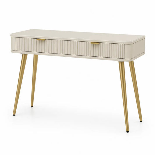 Mesa consola rectangular con 2 cajones en MDF crema con frente acanalado y patas metálicas doradas 120 cm x 38 cm x 78 cm