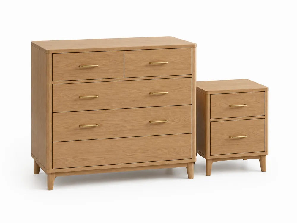 Conjunto de cómoda y mesita de noche en MDF chapado roble natural con tiradores dorados 120 x 40 x 90 cm y 45 x 38 x 62 cm 8 cajones