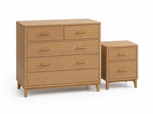 Conjunto de cómoda y mesita de noche en MDF chapado roble natural con tiradores dorados 120 x 40 x 90 cm y 45 x 38 x 62 cm 8 cajones