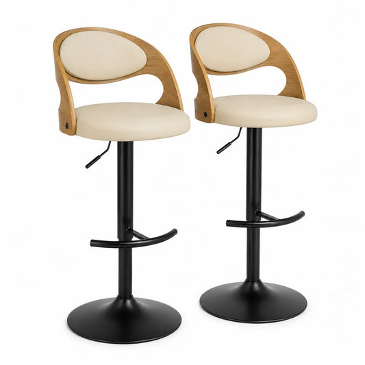 Pack de 2 taburetes de bar regulables giratorios con respaldo asiento redondo de PU estructura de contrachapado curvado beige roble claro y negro 48 cm x 50 cm x 91 a 112 cm
