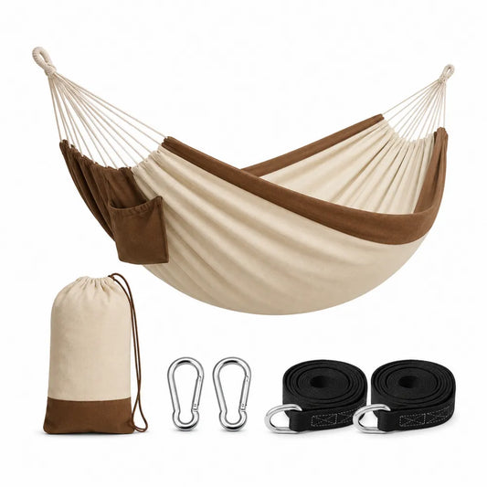 Hamaca colgante con kit de suspensión en lona beige y marrón con correas y mosquetones 300 x 150 cm