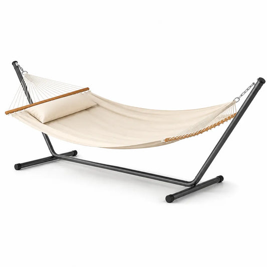 Hamaca con soporte para exterior de algodón y poliéster con estructura de acero negro 300 x 120 x 110 cm