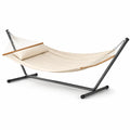 Hamaca con soporte para exterior de algodón y poliéster con estructura de acero negro 300 x 120 x 110 cm
