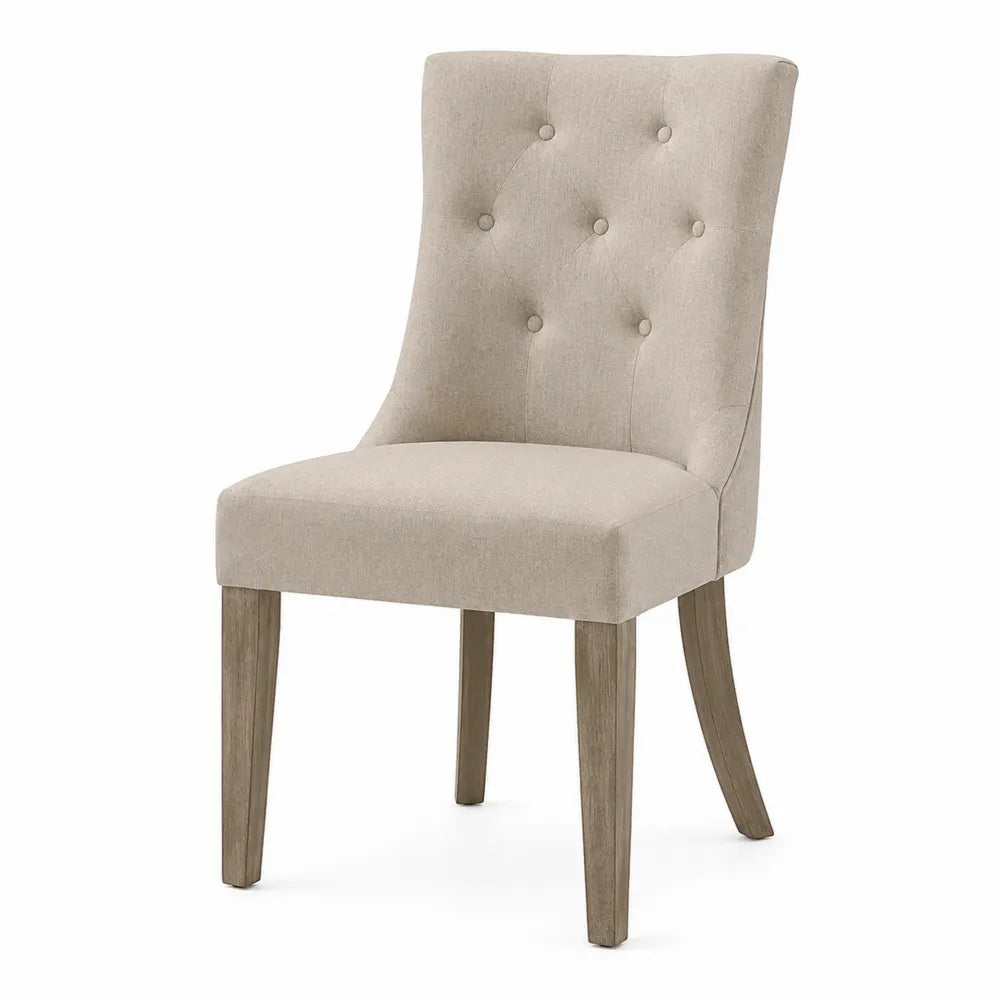 Silla de comedor tapizada en poliéster beige con respaldo capitoné y patas de madera de caucho 52 x 58 x 85 cm