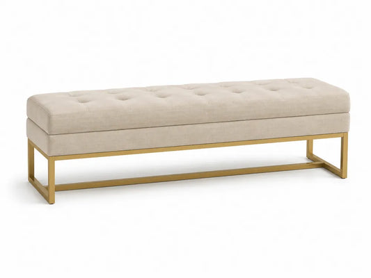 Banco de dormitorio tapizado 120 x 40 x 46 cm en poliéster beige con estructura metálica dorada