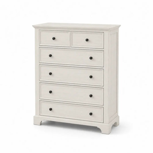 Chifonier de dormitorio rectangular con 6 cajones MDF melamina blanco lavado tiradores negros 80 x 40 x 100 cm