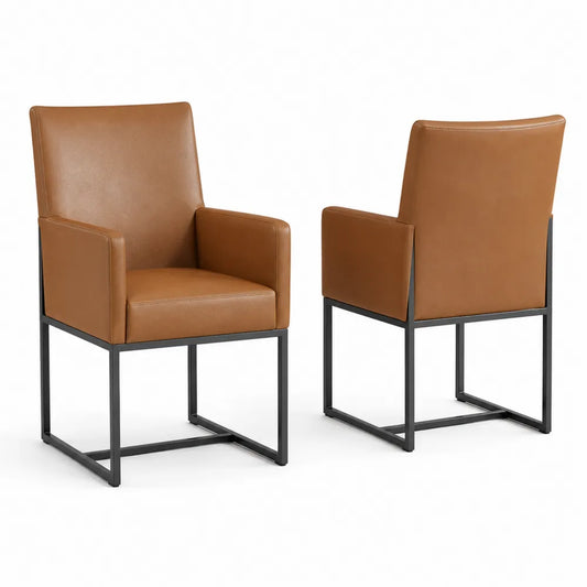 Pack de 2 sillas de comedor tapizadas en piel sintética marrón con estructura de acero negro 58 x 60 x 90 cm