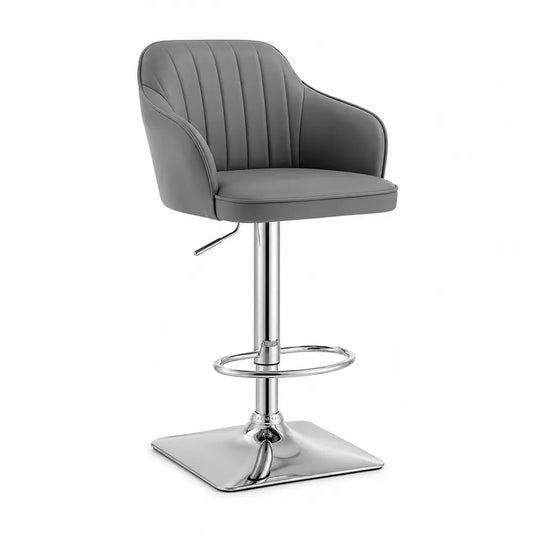 Taburete de bar regulable con respaldo y brazos tapizado en PU gris estructura de acero cromado base cuadrada 57 cm x 54 cm x 88-108 cm