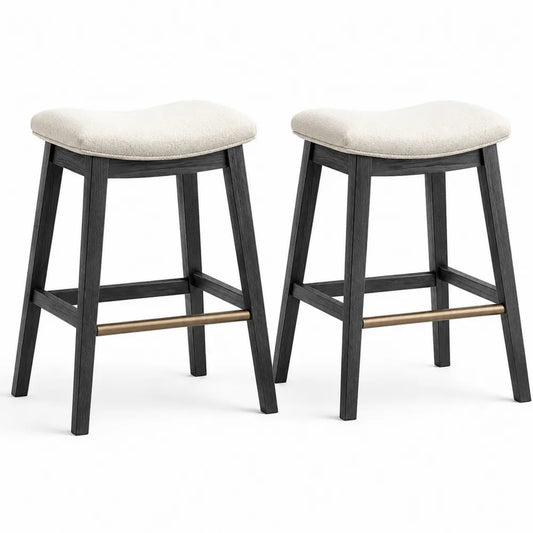 Pack de 2 taburetes de bar sin respaldo tapizados en tejido beige con estructura de madera negra y reposapiés metálico