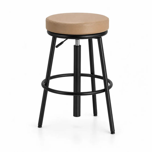 Taburete de bar regulable sin respaldo asiento redondo tapizado en PU camel estructura de acero negro 46 cm x 46 cm x 63 a 83 cm
