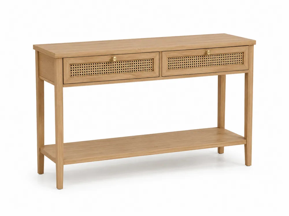 Mesa consola de salón con 2 cajones de ratán natural y estante inferior madera efecto roble 120 x 35 x 80 cm