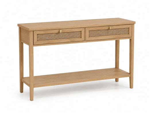 Mesa consola de salón con 2 cajones de ratán natural y estante inferior madera efecto roble 120 x 35 x 80 cm