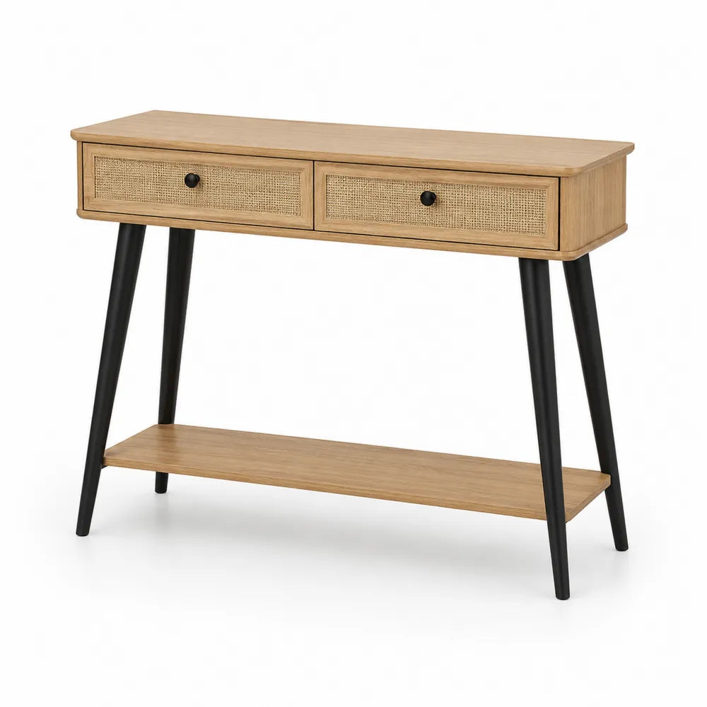 Mesa consola con 2 cajones de ratán y estante inferior en madera natural con patas metálicas negras 100 x 35 x 80 cm