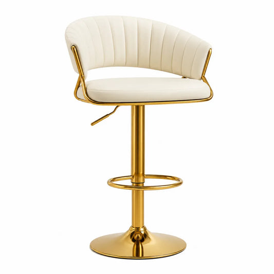 Taburete de bar regulable con respaldo y brazos tapizado en PU blanco crema estructura de acero dorado base redonda giratoria 58 cm x 54 cm x 88-108 cm