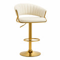 Taburete de bar regulable con respaldo y brazos tapizado en PU blanco crema estructura de acero dorado base redonda giratoria 58 cm x 54 cm x 88-108 cm