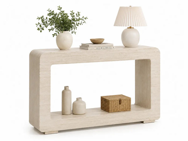 Mesa consola rectangular de MDF efecto travertino beige con estante inferior abierto 120 x 35 x 80 cm