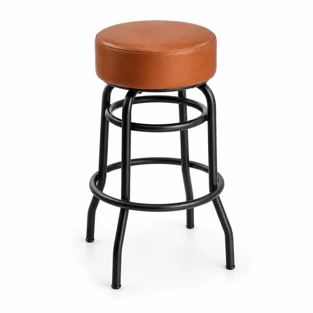 Taburete de bar fijo sin respaldo con asiento redondo tapizado en PU color coñac estructura de acero negro 35 x 35 x 65 cm