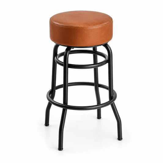 Taburete de bar fijo sin respaldo con asiento redondo tapizado en PU color coñac estructura de acero negro 35 x 35 x 65 cm