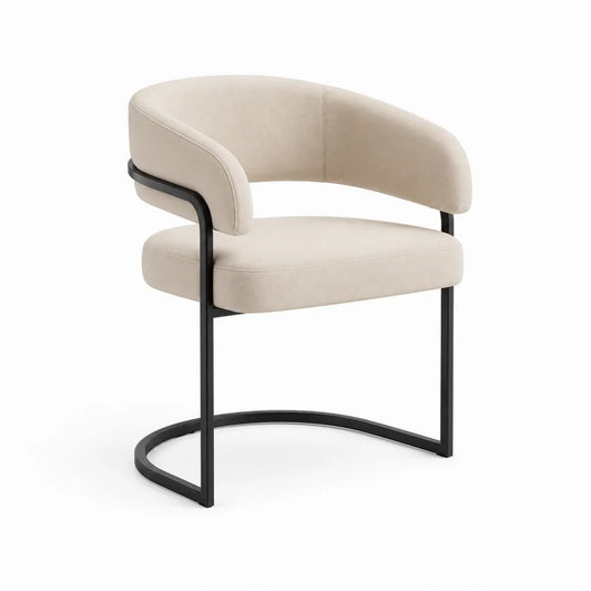 Silla de comedor tapizada en poliéster beige con estructura metálica negra respaldo curvo 76 x 58 x 56 cm