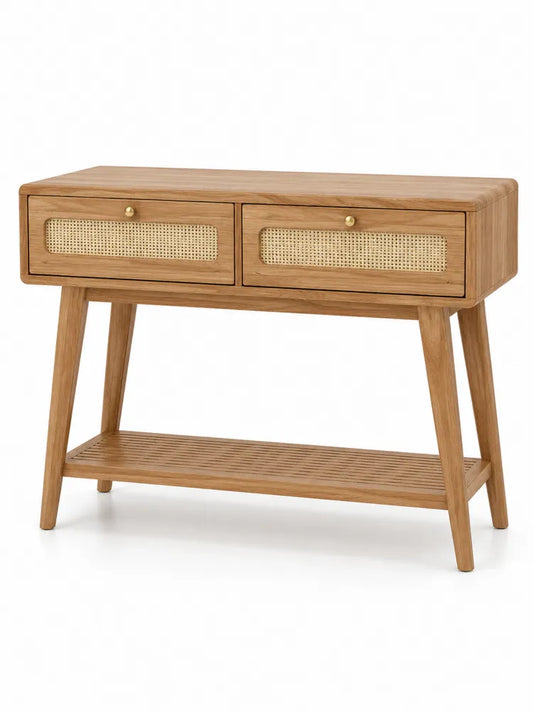 Mesa consola rectangular con 2 cajones y estante inferior en madera acabado roble claro con tiradores dorados 100 x 35 x 80 cm