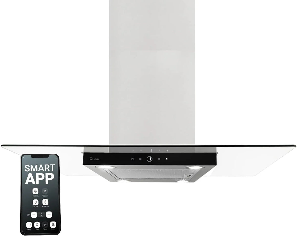Afzuigkap, 90 cm, roestvrijstalen behuizing, wifi-bediening, touchbediening, automatische werking, keuken 90 cm, Eiland, roestvrij staal, zwart glas