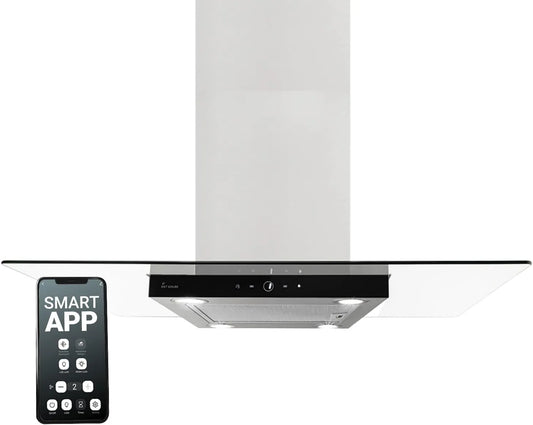 Afzuigkap, 90 cm, roestvrijstalen behuizing, wifi-bediening, touchbediening, automatische werking, keuken 90 cm, Eiland, roestvrij staal, zwart glas