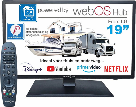 HD 230V Smart TV, Unispectra 19', 24V Triple Tuner: Sat, Magic Remote. 12V TV voor campers