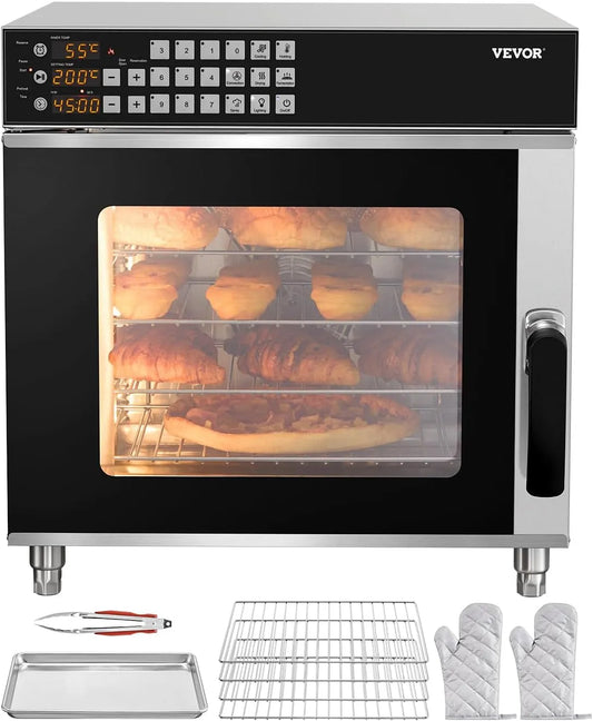 Elektrische oven, 2800 W, roestvrijstalen behuizing, gehard glas, heteluchtfunctie, VEVOR Commerciële convectieoven, broodrooster met 4 verdiepingen