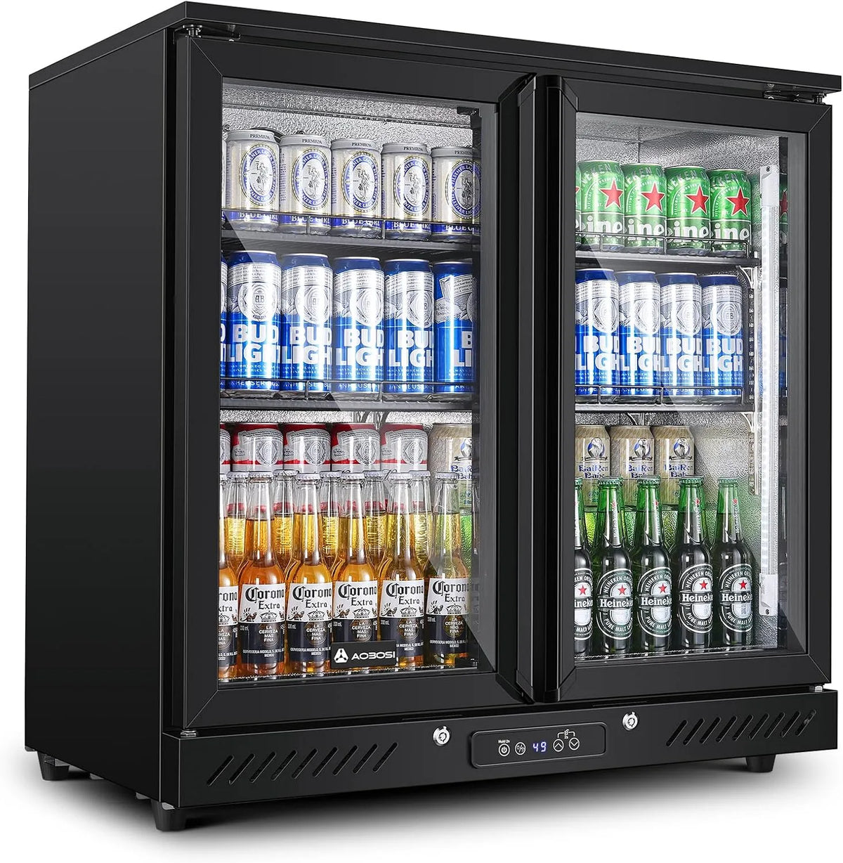 AAOBOSI koelkast, 210 l, automatische werking, Drank 210 l met glazen deur, 2-deurs bier met led-zijverlichting, automatisch ontdooien, voor gastro