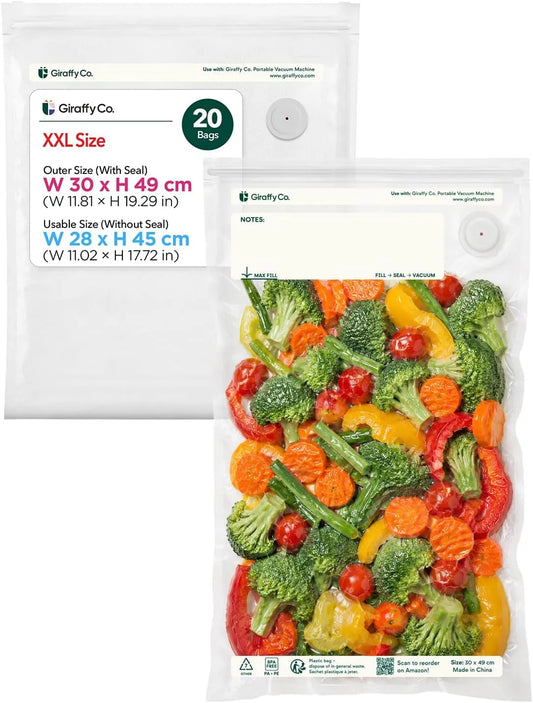 XXL 20 vriezer, 49 cm, 33 x 49 cm, 13 x 19,3, herbruikbare vacuümzakken voor voedsel, BPA-vrije lekvrije zipzakken met luchtventiel
