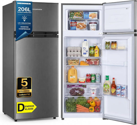 HM2206INVXD koel-vriescombinatie, invertermotor, Dubbele Deur Koel‐Vriescombinatie 206L, Inverter Compressor, 3 Glazen Legplanken, Reversibele Deuren