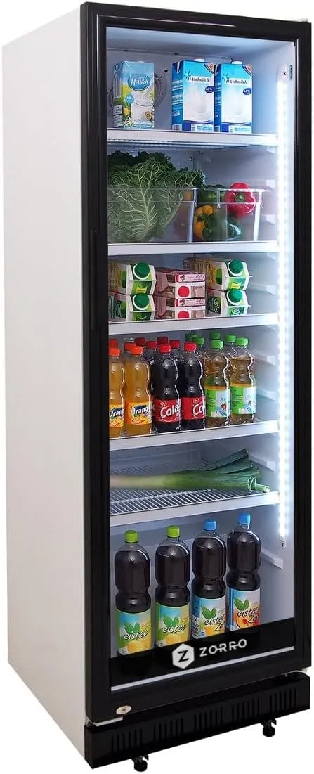 ZK 360 koelkast, ZORRO dranken, wit/zwart met glazen deur, gekoelde opslag met temperatuurregeling